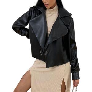 imagechouyatou Womens Notched Lapel Pu Leather Jacket Boyfriend Motorcycle Faux Leather Jacket Outerwear CoatBlack