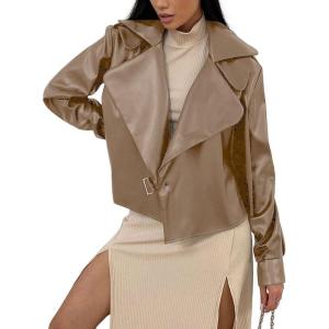 imagechouyatou Womens Notched Lapel Pu Leather Jacket Boyfriend Motorcycle Faux Leather Jacket Outerwear CoatKhaki