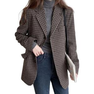 imagechouyatou Womens Plaid Fall Winter Business Casual Wool Blazer Jacket Single Breasted Dressy Work CoatCoffee