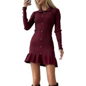 imagechouyatou Womens Sexy Sweater Ribbed Knit Mini Dress Ruffle Hem Mermaid Short Dress Long Sleeve Bodycon Party DressWine Red