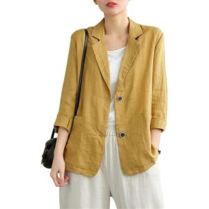 imagechouyatou Womens Summer Casual 2 Button Office Work Linen Blazer Jacket Suit Small Yellow