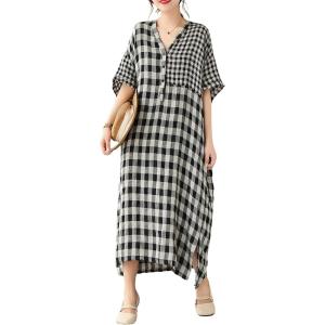 imagechouyatou Womens Summer Casual Loose Linen Dress Oversized Plaid Gingham Splicing Midi Cotton DressBlack