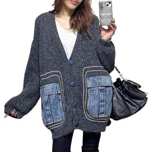 imagechouyatou Womens Trendy Color Block Splicing Knit Oversized Cardigan Open Front Fall Sweater JacketGrey