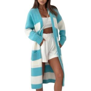 imagechouyatou Womens Trendy Striped Knit Cardigan Color Block Open Front Mid Long Sweater Jacket CoatAzure