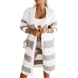 imagechouyatou Womens Trendy Striped Knit Cardigan Color Block Open Front Mid Long Sweater Jacket CoatGrey