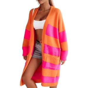 imagechouyatou Womens Trendy Striped Knit Cardigan Color Block Open Front Mid Long Sweater Jacket CoatOrange