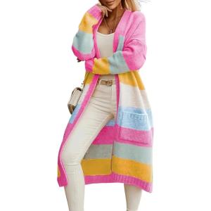 imagechouyatou Womens Trendy Striped Knit Cardigan Color Block Open Front Mid Long Sweater Jacket CoatRainbow