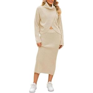 imagechouyatou Womens Turtleneck 2 Piece Outfits Loose Ribbed Knit Cross Wrap Sweater and Midi Bodycon Skirt SetsApricot