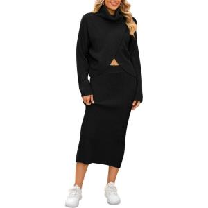 imagechouyatou Womens Turtleneck 2 Piece Outfits Loose Ribbed Knit Cross Wrap Sweater and Midi Bodycon Skirt SetsBlack