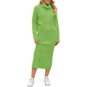 imagechouyatou Womens Turtleneck 2 Piece Outfits Loose Ribbed Knit Cross Wrap Sweater and Midi Bodycon Skirt SetsGrass Green