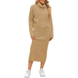 imagechouyatou Womens Turtleneck 2 Piece Outfits Loose Ribbed Knit Cross Wrap Sweater and Midi Bodycon Skirt SetsKhaki