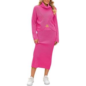 imagechouyatou Womens Turtleneck 2 Piece Outfits Loose Ribbed Knit Cross Wrap Sweater and Midi Bodycon Skirt SetsRose