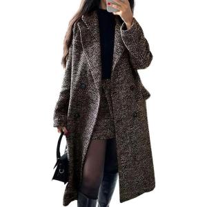 imagechouyatou Womens Winter Casual Herringbone Wool Coat Double Breasted Notch Collar Dressy Long Trench CoatBrown