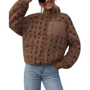 imagechouyatou Womens Winter Casual Spliced Floral Fleece Jacket Fall Fuzzy Oversized Faux Fur Sherpa JacketBrown