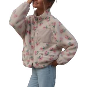 imagechouyatou Womens Winter Casual Spliced Floral Fleece Jacket Fall Fuzzy Oversized Faux Fur Sherpa JacketWhite