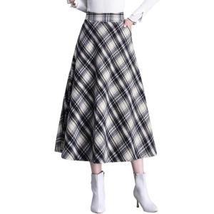 imagechouyatou Womens Winter Elastic Waist Wool Plaid Skirt Fall ALine Pleated Midi Long Skater SkirtApricot