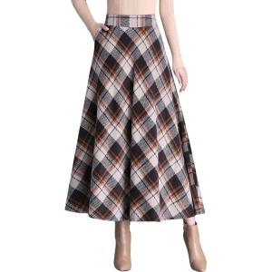 imagechouyatou Womens Winter Elastic Waist Wool Plaid Skirt Fall ALine Pleated Midi Long Skater SkirtKhaki