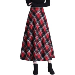 imagechouyatou Womens Winter Elastic Waist Wool Plaid Skirt Fall ALine Pleated Midi Long Skater SkirtRed Black