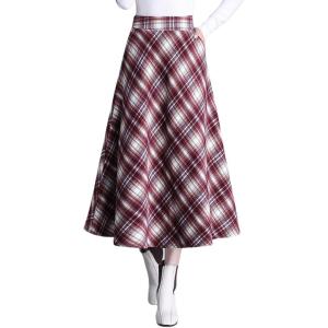 imagechouyatou Womens Winter Elastic Waist Wool Plaid Skirt Fall ALine Pleated Midi Long Skater SkirtRed White