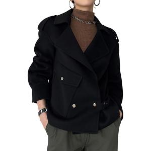 imagechouyatou Womens Winter Notch Lapel Cropped Wool Jacket Coat Open Front Loose Dressy Blazer Trench CoatBlack