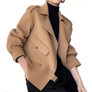 imagechouyatou Womens Winter Notch Lapel Cropped Wool Jacket Coat Open Front Loose Dressy Blazer Trench CoatCamel