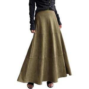 imagechouyatou Womens Elegant Ruffle Faux Suede Leather Skirt High Waisted A Line Fall Winter Maxi Long SkirtArmy Green