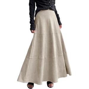 imagechouyatou Womens Elegant Ruffle Faux Suede Leather Skirt High Waisted A Line Fall Winter Maxi Long SkirtBeige