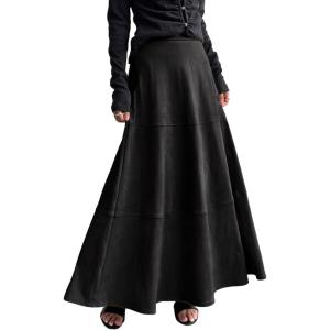 imagechouyatou Womens Elegant Ruffle Faux Suede Leather Skirt High Waisted A Line Fall Winter Maxi Long SkirtBlack