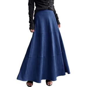imagechouyatou Womens Elegant Ruffle Faux Suede Leather Skirt High Waisted A Line Fall Winter Maxi Long SkirtBlue