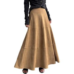 imagechouyatou Womens Elegant Ruffle Faux Suede Leather Skirt High Waisted A Line Fall Winter Maxi Long SkirtBrown