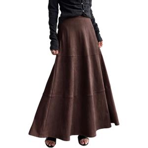 imagechouyatou Womens Elegant Ruffle Faux Suede Leather Skirt High Waisted A Line Fall Winter Maxi Long SkirtCoffee