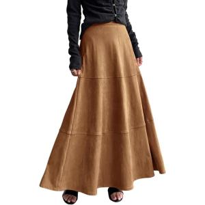 imagechouyatou Womens Elegant Ruffle Faux Suede Leather Skirt High Waisted A Line Fall Winter Maxi Long SkirtDark Brown