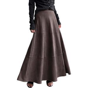 imagechouyatou Womens Elegant Ruffle Faux Suede Leather Skirt High Waisted A Line Fall Winter Maxi Long SkirtTaupe Grey