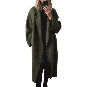 imagechouyatou Womens Winter Double Breasted Wool Coat Long Sleeve Notch Lapel Long Trench CoatArmy Green