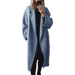 imagechouyatou Womens Winter Double Breasted Wool Coat Long Sleeve Notch Lapel Long Trench CoatBlue