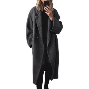 imagechouyatou Womens Winter Double Breasted Wool Coat Long Sleeve Notch Lapel Long Trench CoatDark Grey