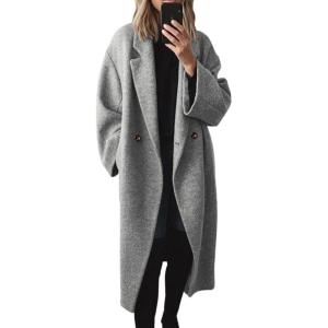 imagechouyatou Womens Winter Double Breasted Wool Coat Long Sleeve Notch Lapel Long Trench CoatGrey