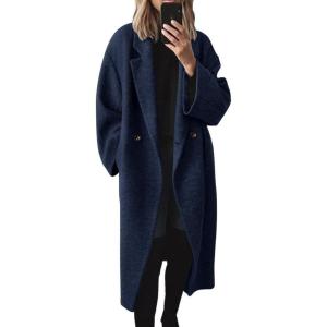 imagechouyatou Womens Winter Double Breasted Wool Coat Long Sleeve Notch Lapel Long Trench CoatNavy Blue