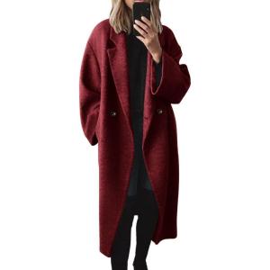 imagechouyatou Womens Winter Double Breasted Wool Coat Long Sleeve Notch Lapel Long Trench CoatRed