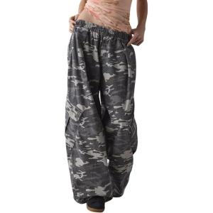 imagechouyatou Women Elastic Waist Camo Cargo Pants Wide Leg Jeans High Waisted Y2K Casual Denim Palazzo PantsGrey