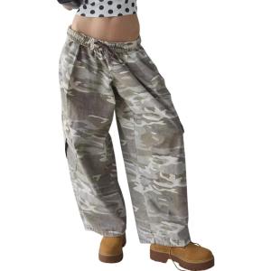 imagechouyatou Women Elastic Waist Camo Cargo Pants Wide Leg Jeans High Waisted Y2K Casual Denim Palazzo PantsKhaki