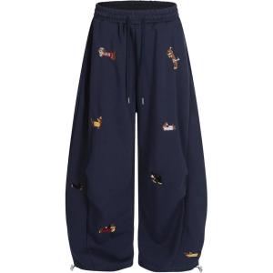 imagechouyatou Womens Cartoon Patchwork Barrel Leg Sweatpants Baggy Palazzo Wide Leg Pants Harem Loung PantsNavy Blue