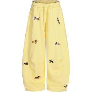 imagechouyatou Womens Cartoon Patchwork Barrel Leg Sweatpants Baggy Palazzo Wide Leg Pants Harem Loung PantsYellow