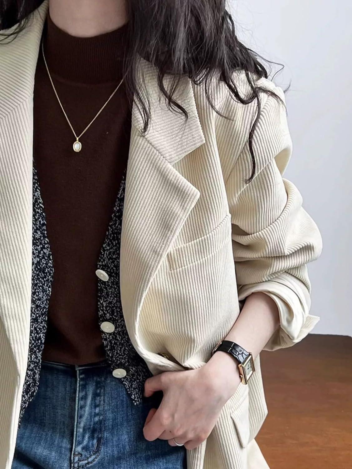 imagechouyatou Womens Retro Loose Fit Corduroy Blazer Jacket Notch Lapel Single Breasted Fall Dressy Work CoatBeige