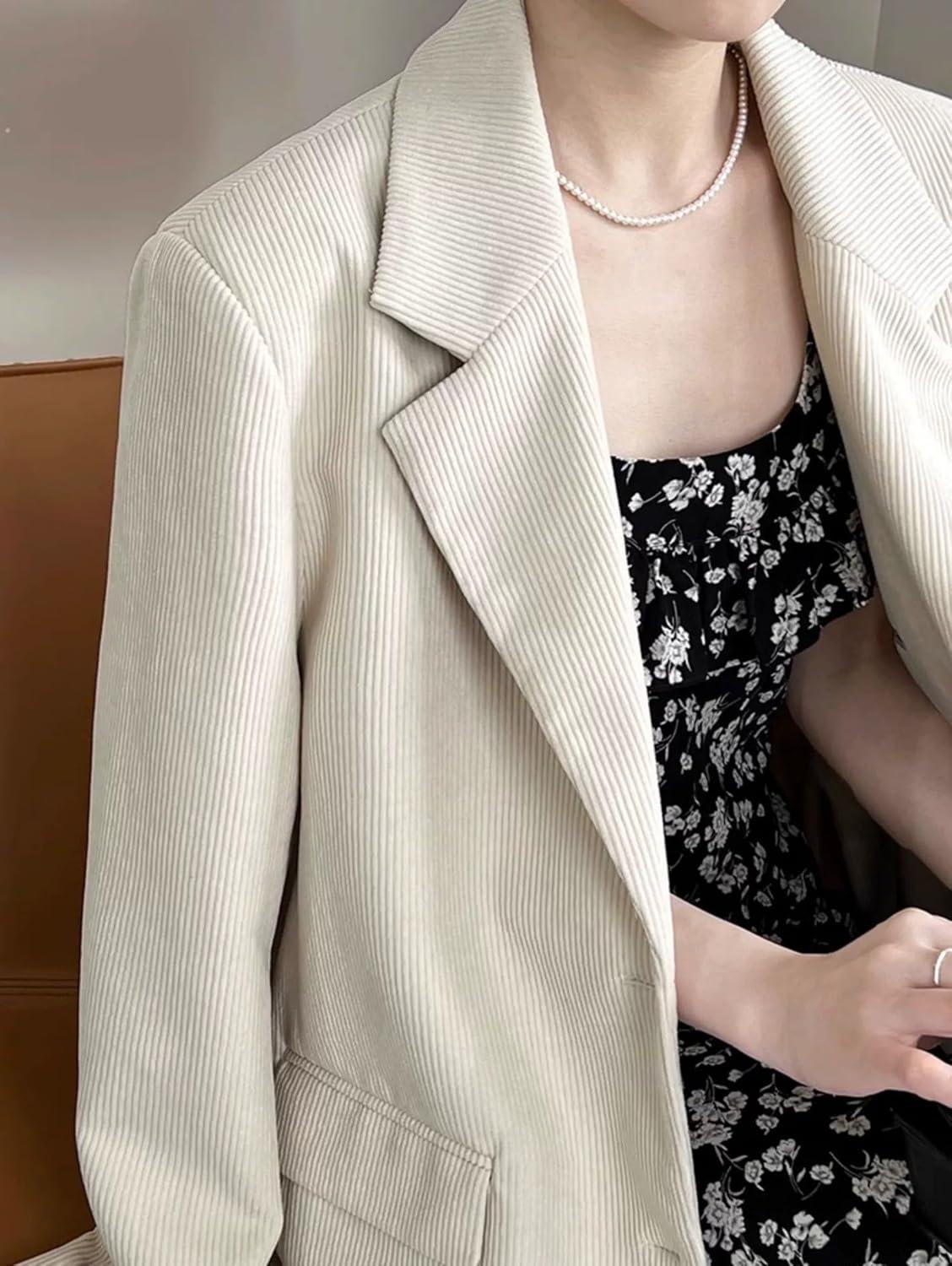 imagechouyatou Womens Retro Loose Fit Corduroy Blazer Jacket Notch Lapel Single Breasted Fall Dressy Work CoatBeige