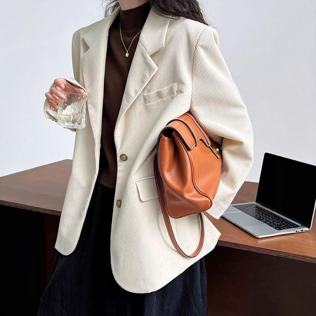 imagechouyatou Womens Retro Loose Fit Corduroy Blazer Jacket Notch Lapel Single Breasted Fall Dressy Work CoatBeige