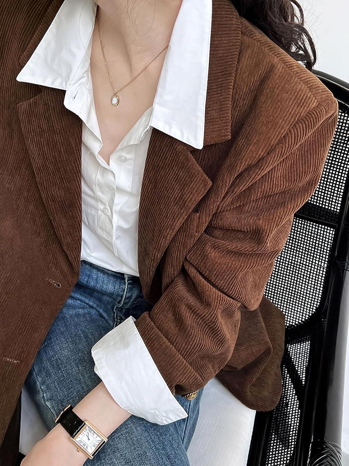 imagechouyatou Womens Retro Loose Fit Corduroy Blazer Jacket Notch Lapel Single Breasted Fall Dressy Work CoatBrown