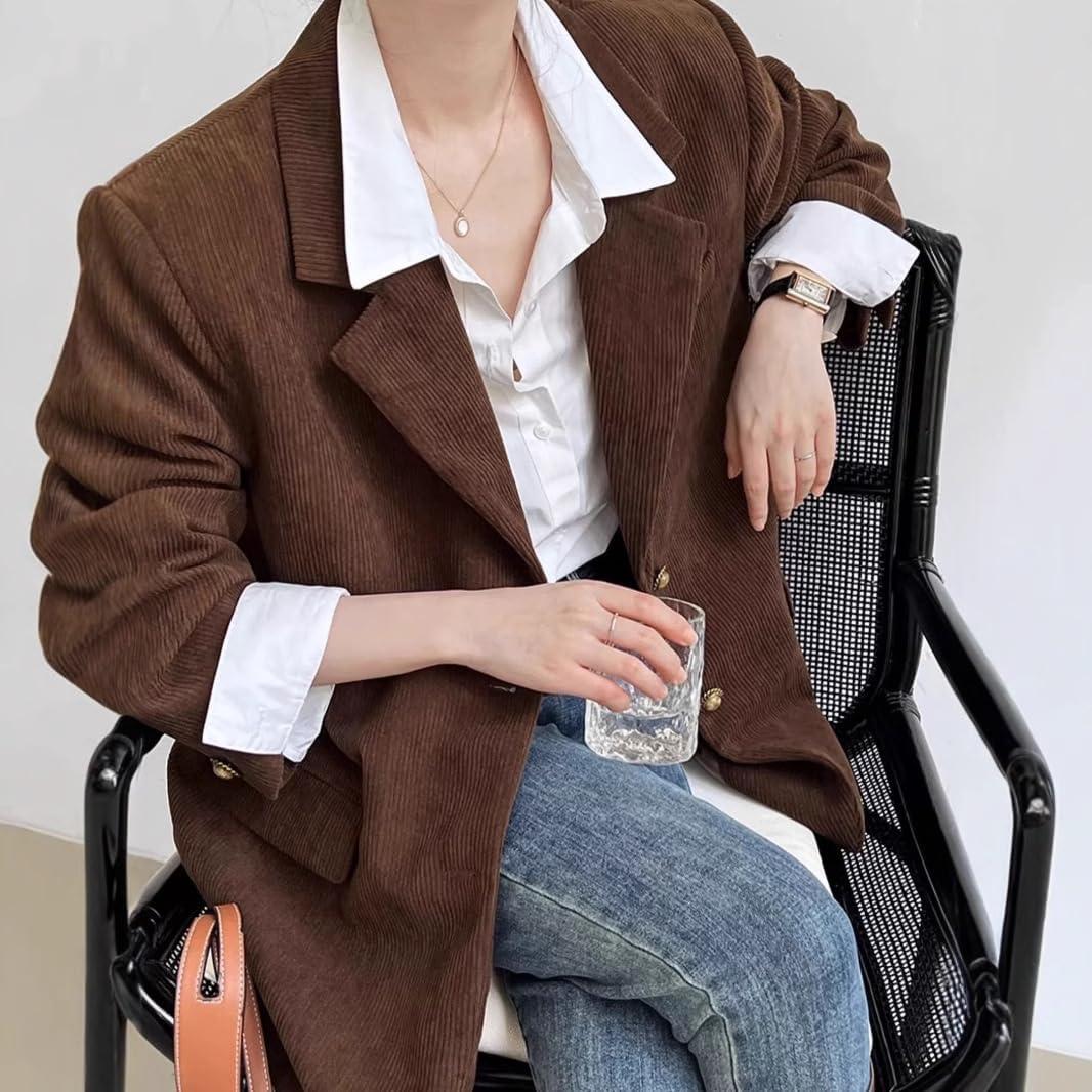 imagechouyatou Womens Retro Loose Fit Corduroy Blazer Jacket Notch Lapel Single Breasted Fall Dressy Work CoatBrown