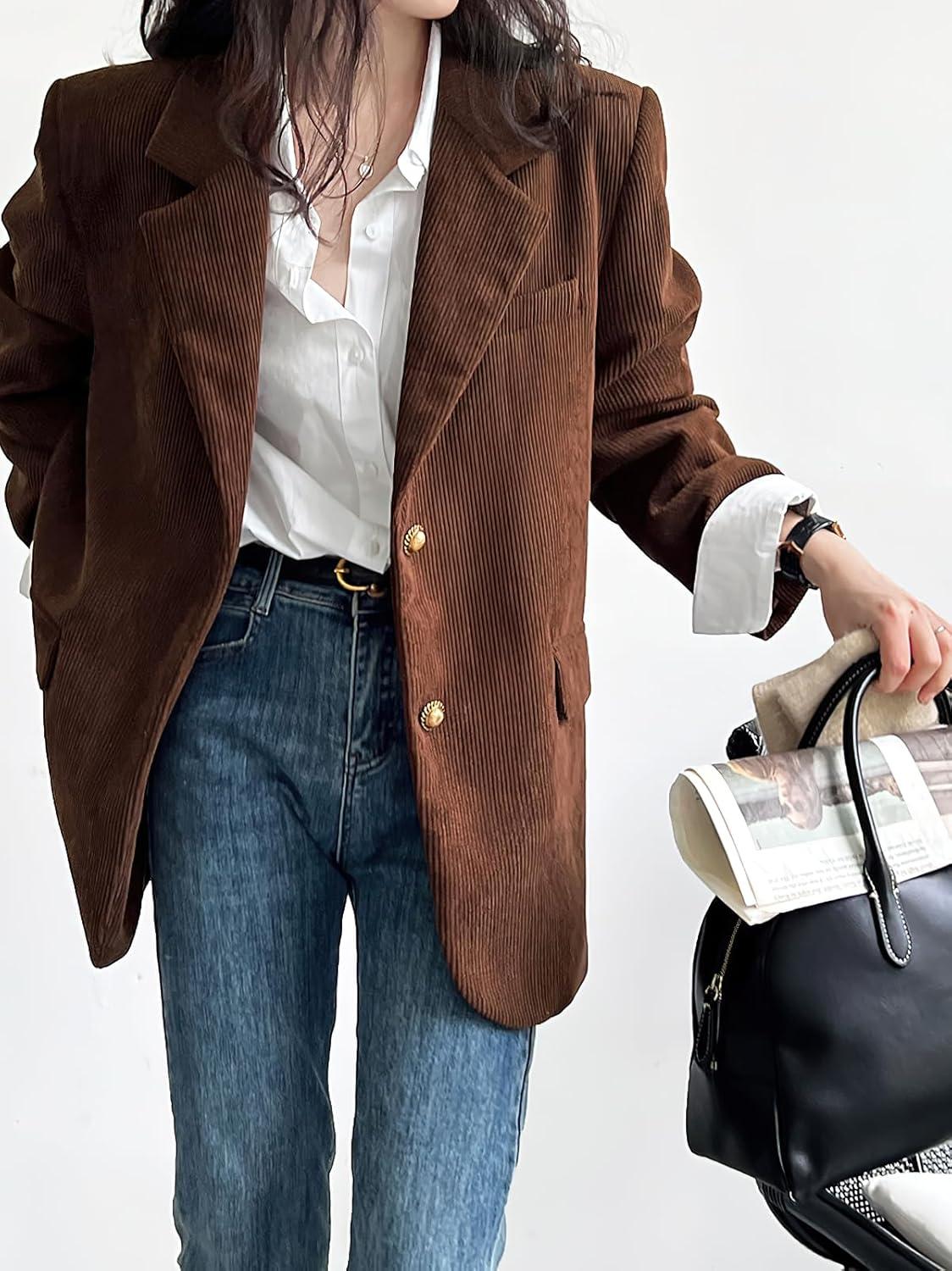 imagechouyatou Womens Retro Loose Fit Corduroy Blazer Jacket Notch Lapel Single Breasted Fall Dressy Work CoatBrown