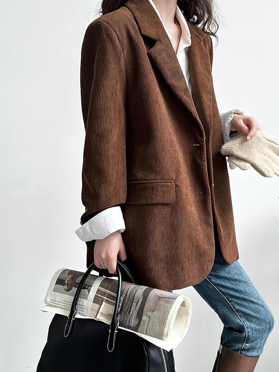 imagechouyatou Womens Retro Loose Fit Corduroy Blazer Jacket Notch Lapel Single Breasted Fall Dressy Work CoatBrown